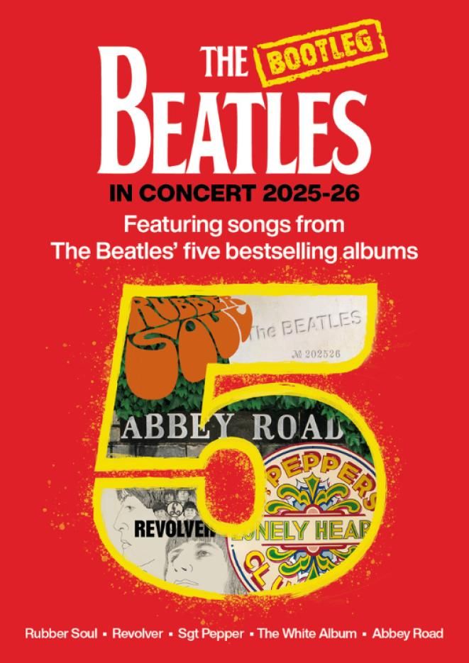The number 5 with a collage of Beatles album covers against a red background.