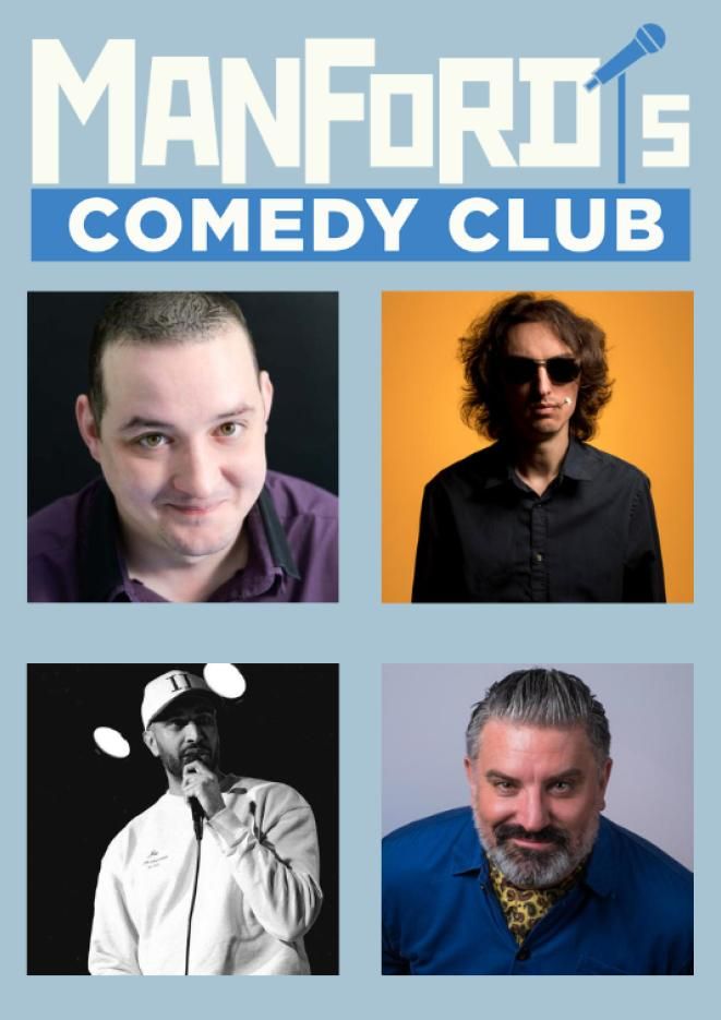 A collage of four comedians against a blue background with a white logo above that reads Manford's Comedy Club.