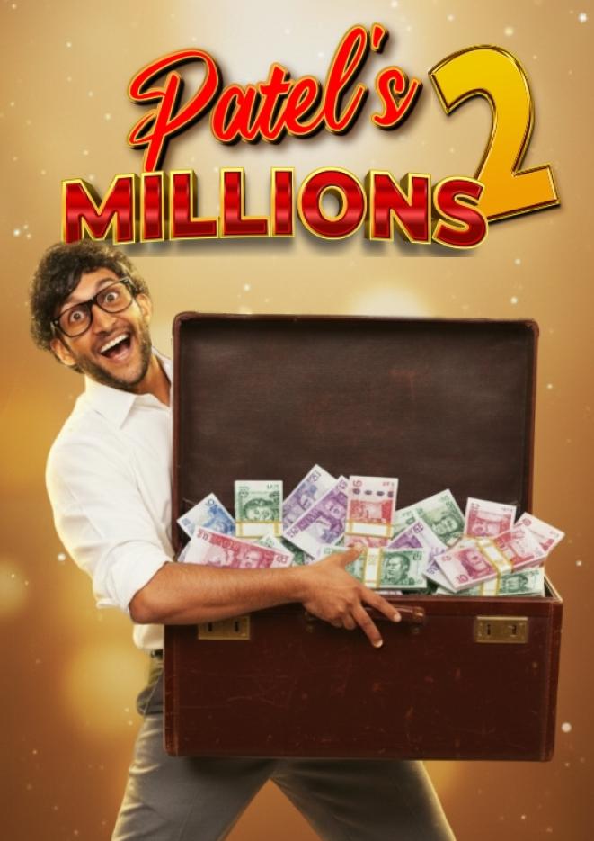 A man holding a briefcase of money with text above that reads Patel's Millions.