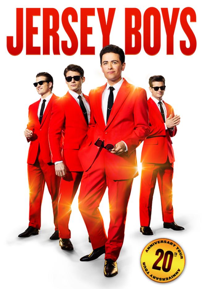 Four white men in red suits and sunglasses pose against a white backdrop.