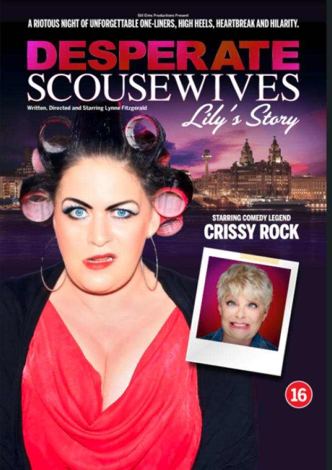 A woman wearing a red top with curlers in her hair. Text above reads Desperate Scousewives.