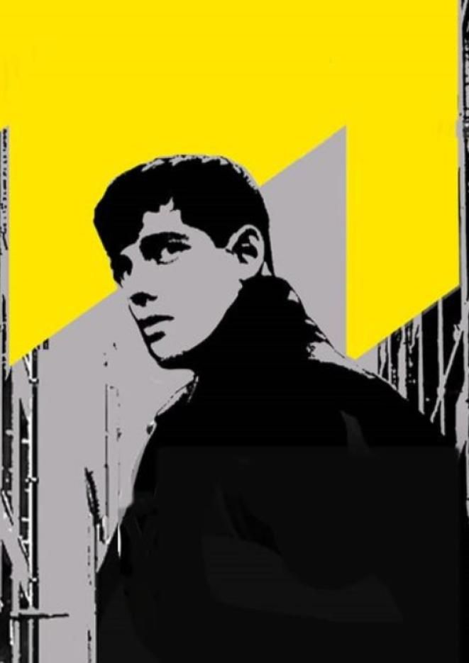 A silhouette of a man against a yellow and grey background