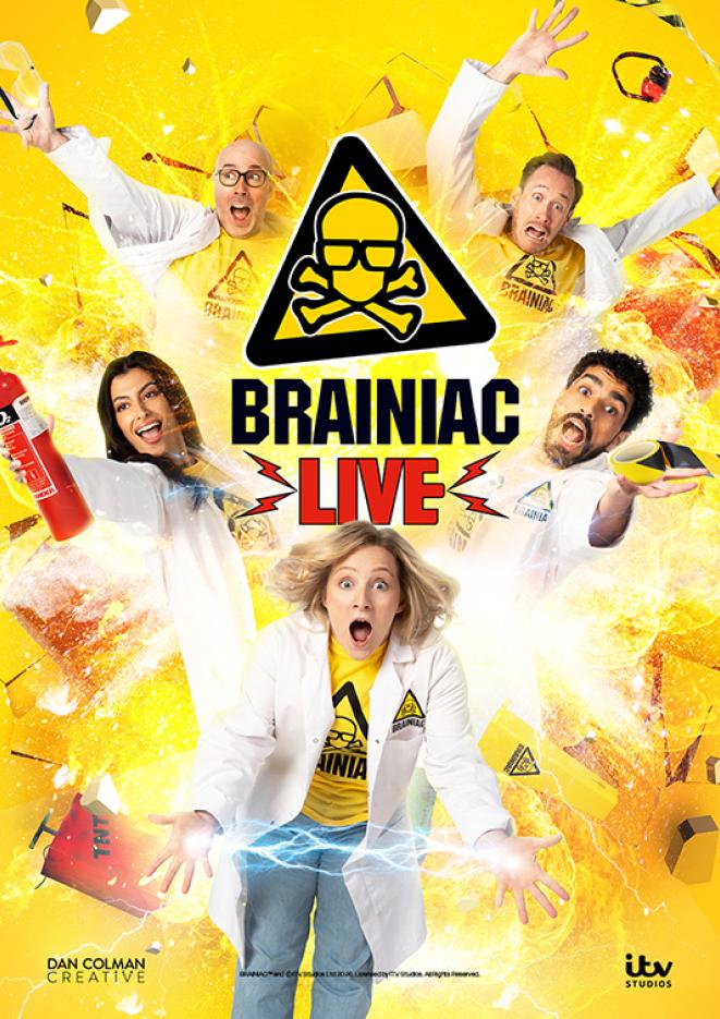 A yellow background with people in white lab coats and text that reads Brainiac Live.