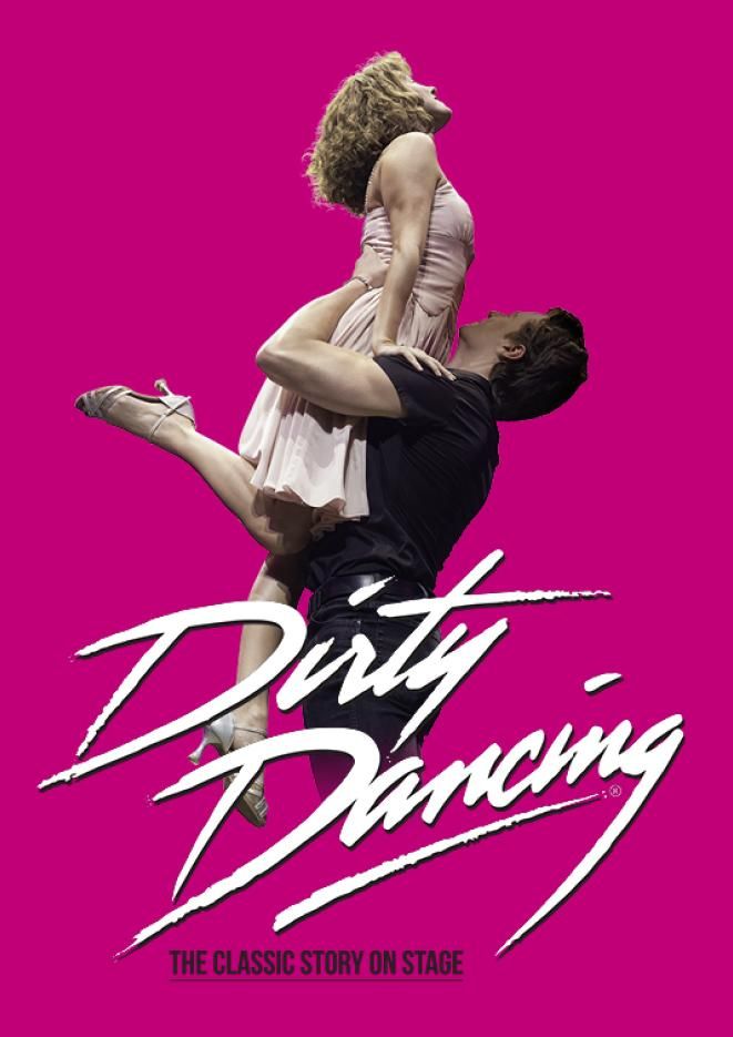 A man in a black top holds a woman in a pink dress in the air, against a pink background