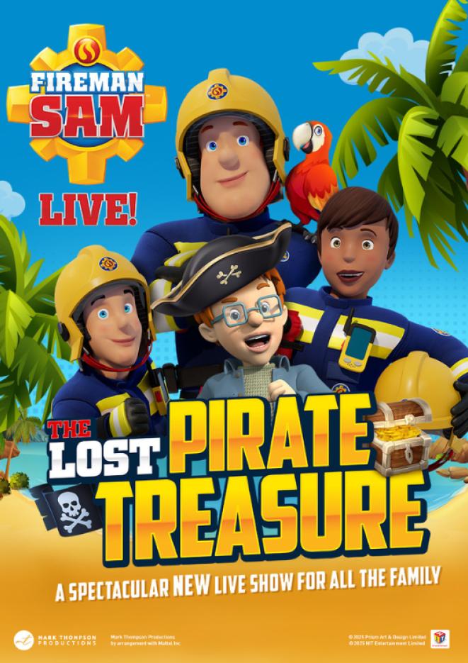 Four animated characters, including Fireman Sam, hold treasure chests and wear pirate hats on a beach