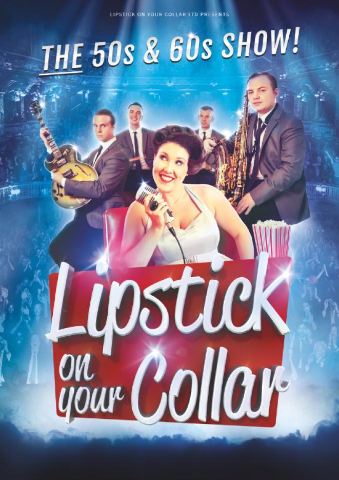 Five musicians in 60s clothes smiling behind a sign that says Lipstick on your Collar