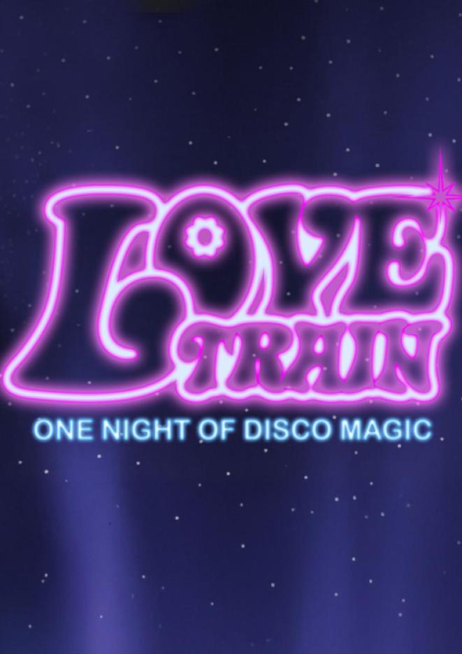 Neon sign saying Love Train against a night sky