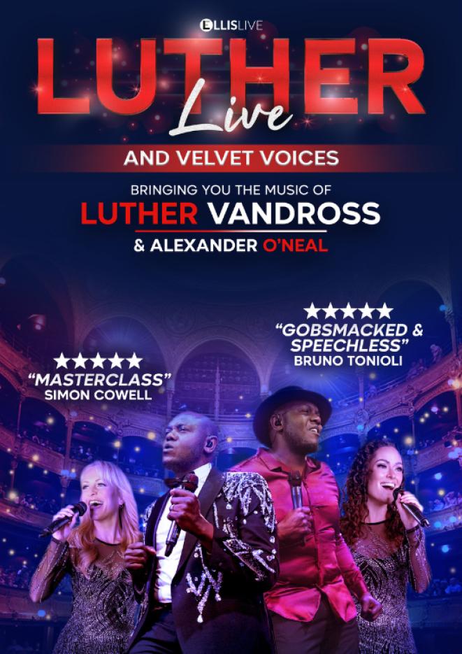 Four singers holding microphones against a purple backdrop of a concert hall