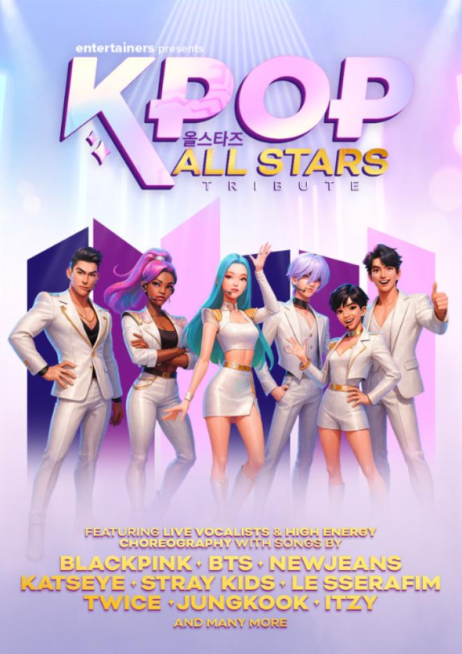 A purple and pink background with text that reads K-POP All Stars Tribute, and six animated singers below wearing white.