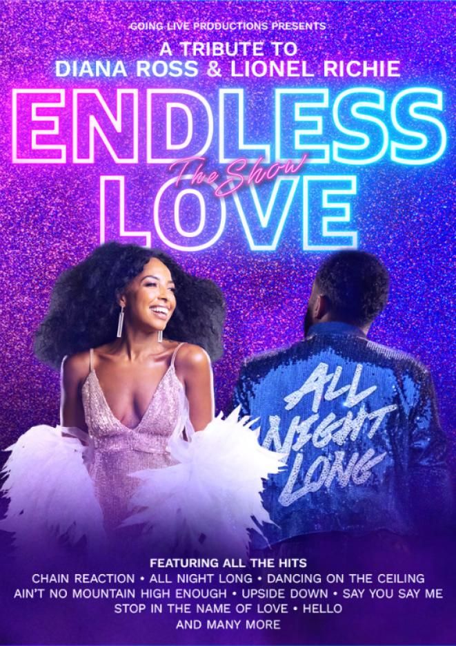 A woman in a pink sparkly dress smiles, and a man in a blue shiny jacket looks away from the camera, against a purple background