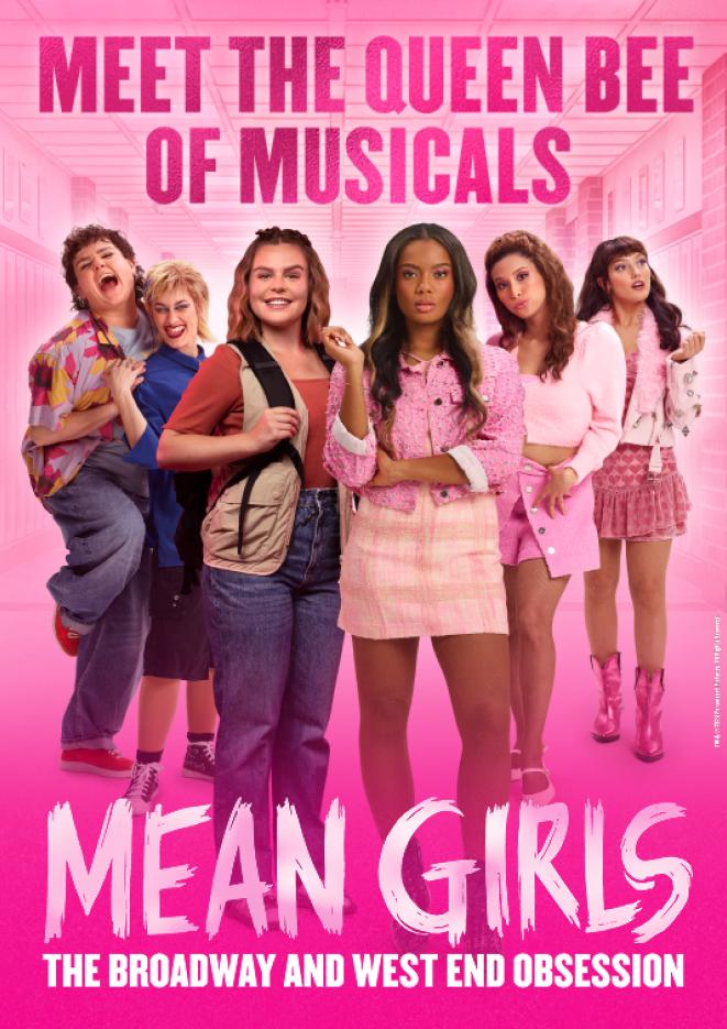Six people stood in the middle of the frame against a pink background with text at the bottom that reads Mean Girls.