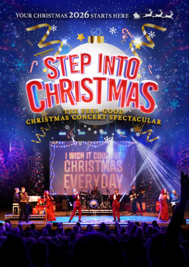 A festive concert poster showing performers onstage in red outfits beneath the title “Step Into Christmas.”