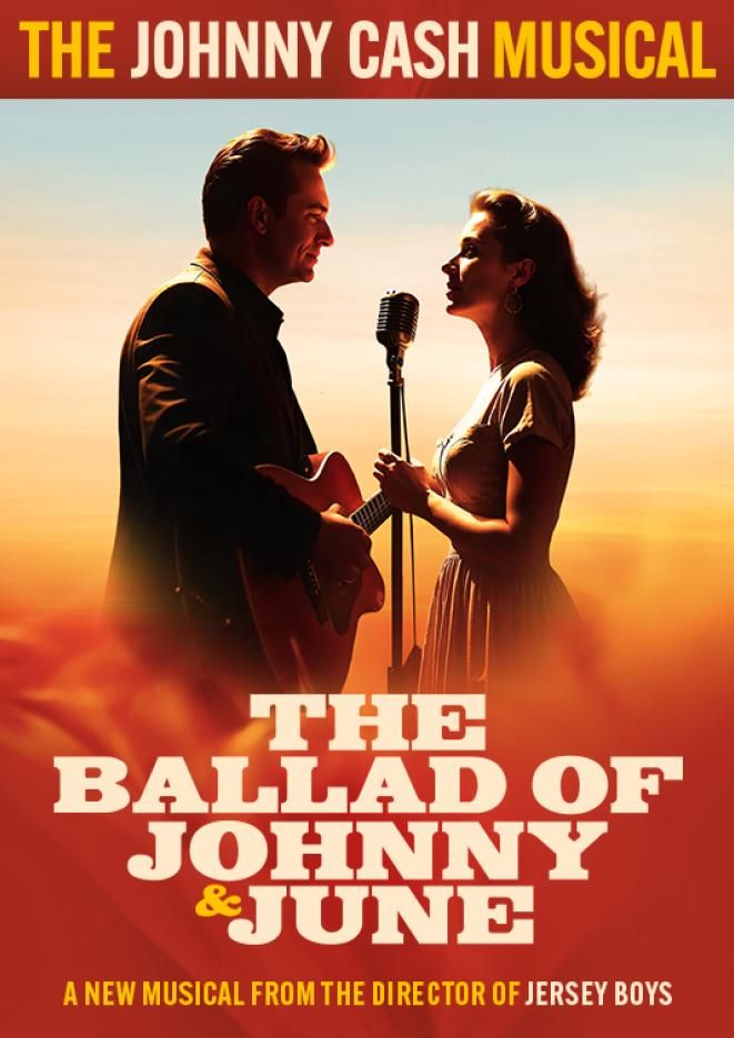 Silhouettes of a man and woman looking at each other while singing into a microphone.