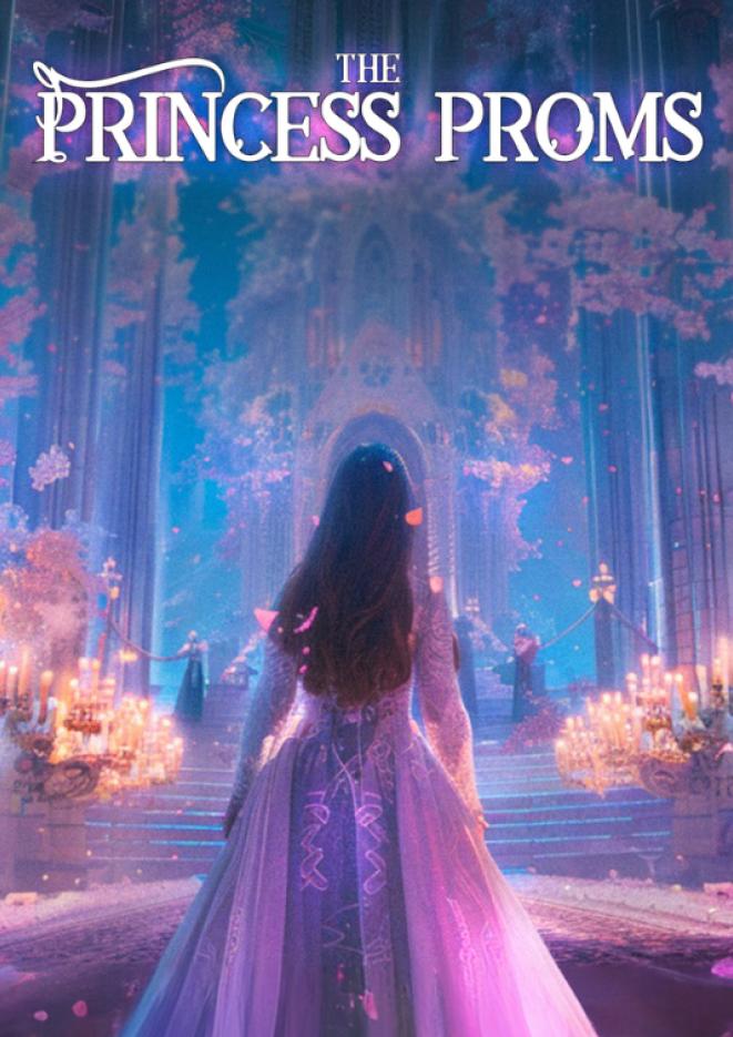 A princess in a purple dress looks at a castle