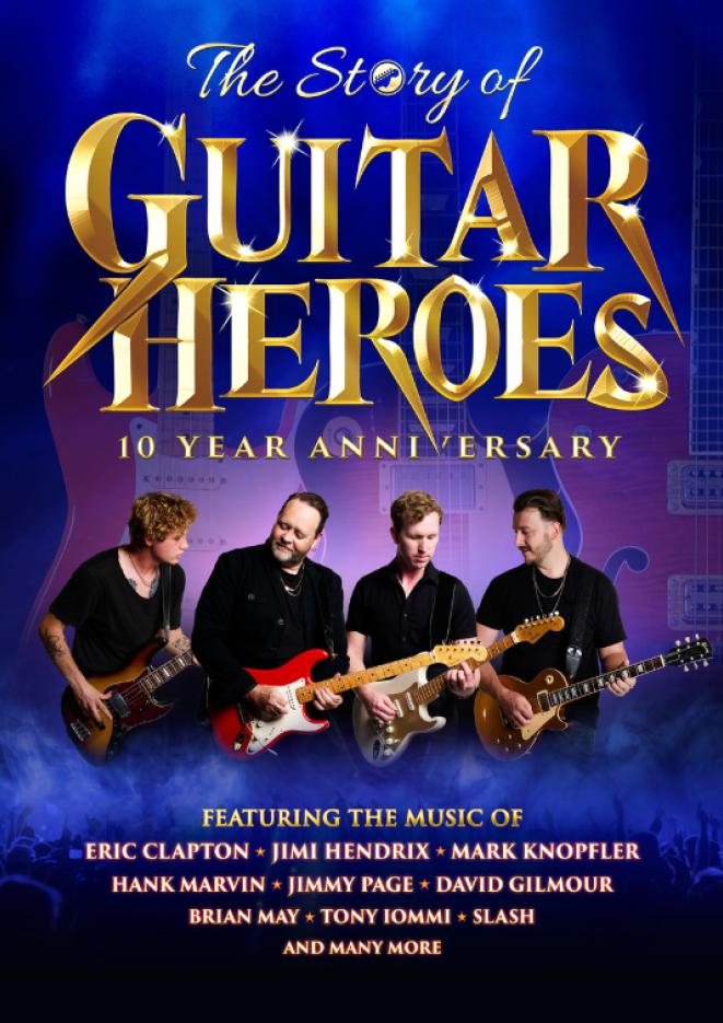 A group of musicians playing guitars against a purple background, gold text above reads Story of Guitar Heroes.
