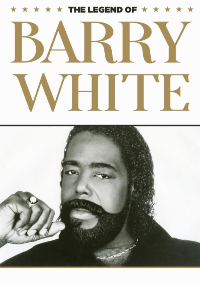 A black and white image of a Barry White tribute artist with gold text above that reads The Legend of Barry White.