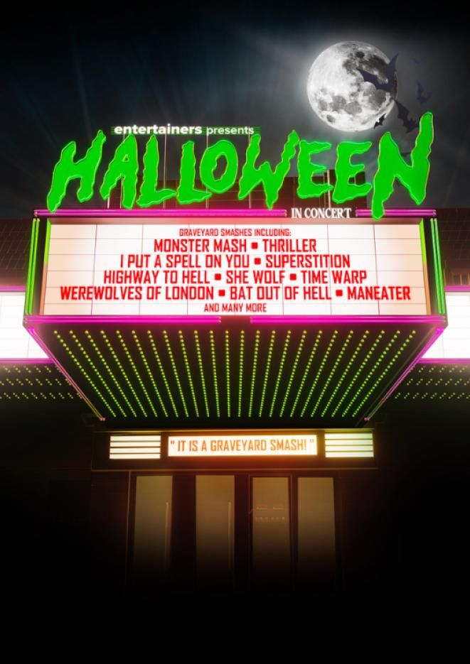 Poster featuring a glowing green Halloween title, a full moon, and a theatre marquee listing songs, with bright lights illuminating the entrance.