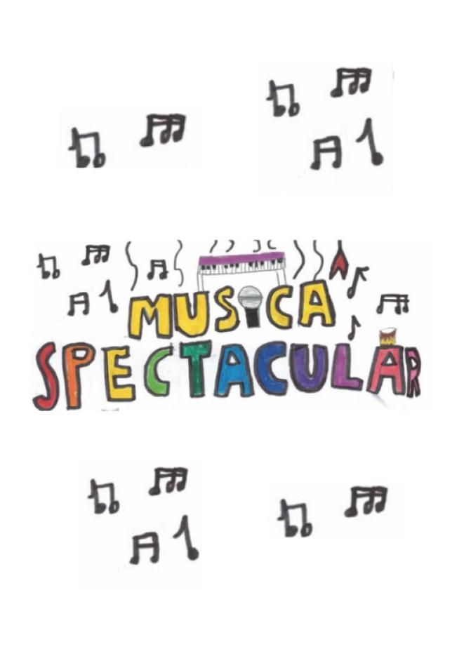 Musica Spectacular handwritten with different colours in each letter, surrounded by hand-drawn music notes