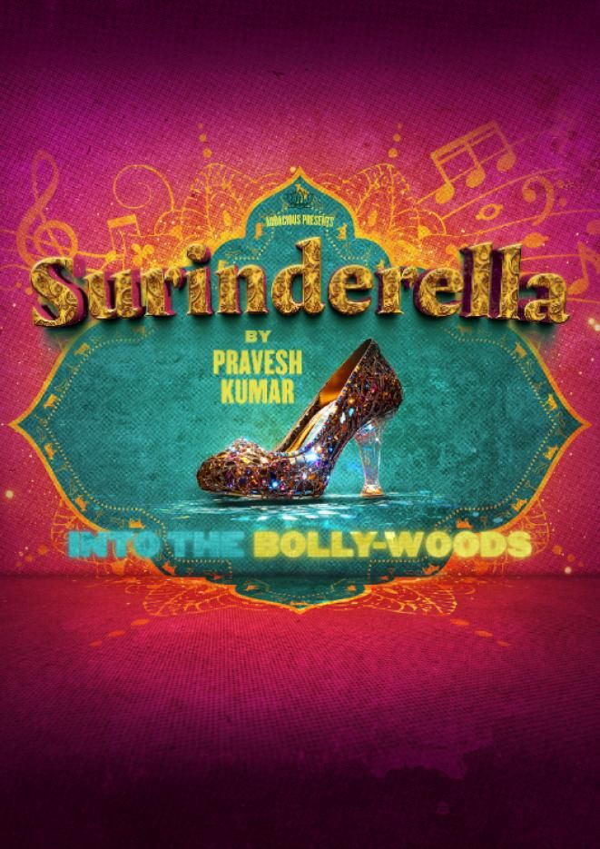 A glass slipper on a red and blue backgrund, with 'Surinderella' in gold sparkly writing at the top