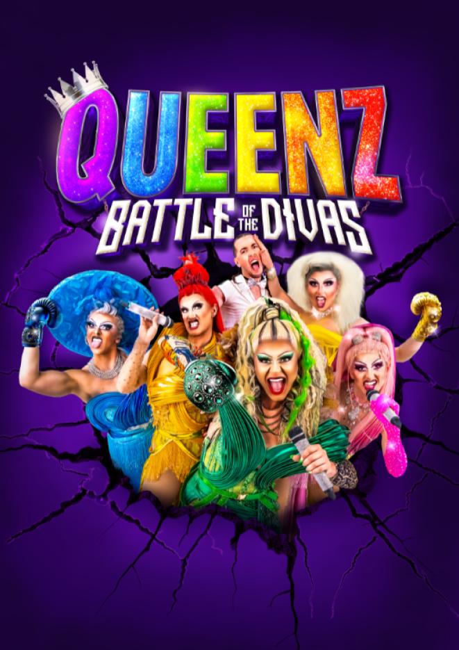 A group of drag queenz dressed in bright, fun outfits against a purple background with text above that reads Queenz Battle of the Divas.