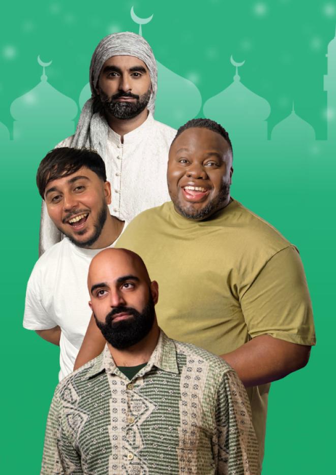 A collage image of four male comedians stood against a green background.