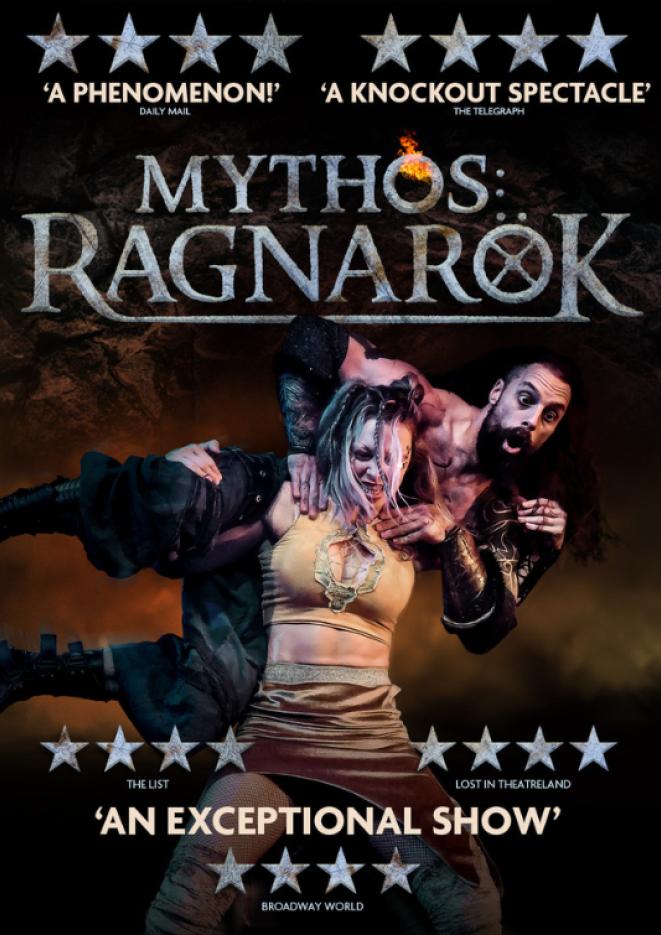 Two people perform a wrestling stunt in the centre of the image. Silver text above reads Mythos Ragnarok.