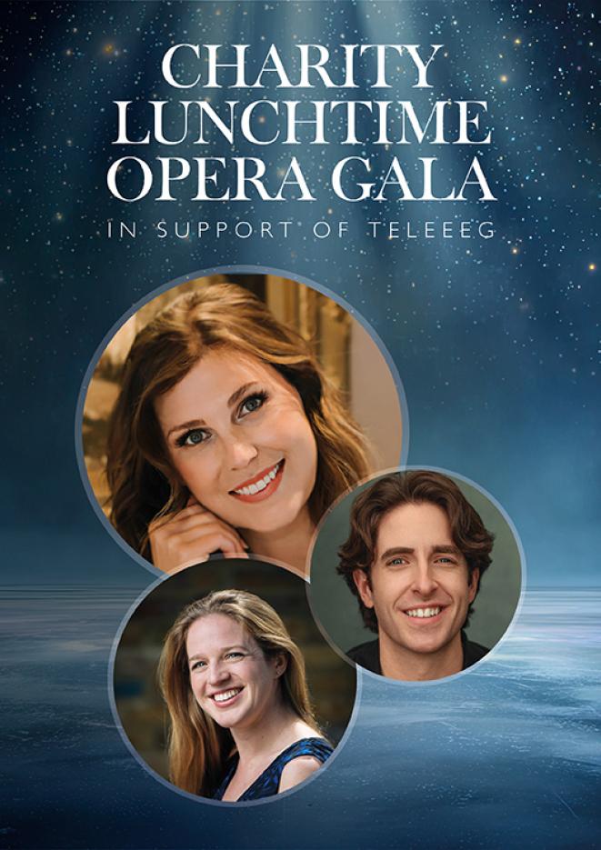 A blue background with round frame images of three musicians, white text above reads Charity Lunchtime Opera Gala.