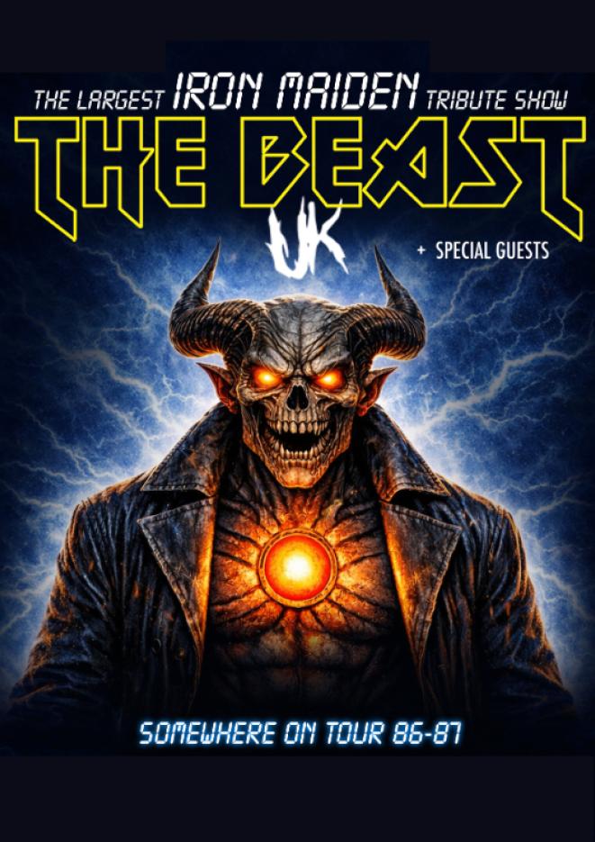 Poster for “The Beast UK,” an Iron Maiden tribute show, featuring a horned, glowing-eyed demon figure with a fiery chest orb against a stormy backdrop.