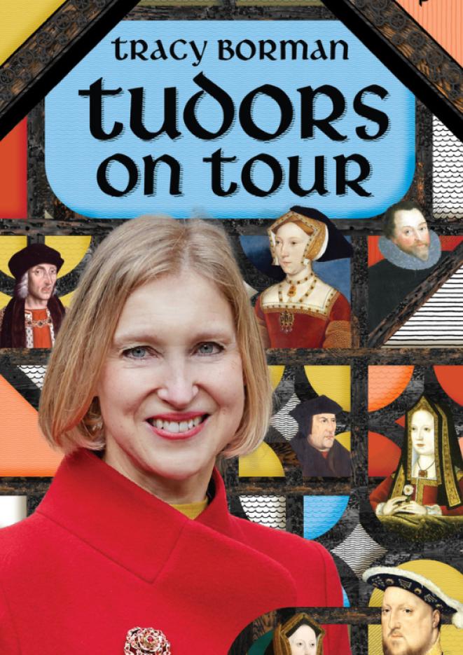 A woman in a red coat smiles at the camera, in front of illustrations of famous Tudors.