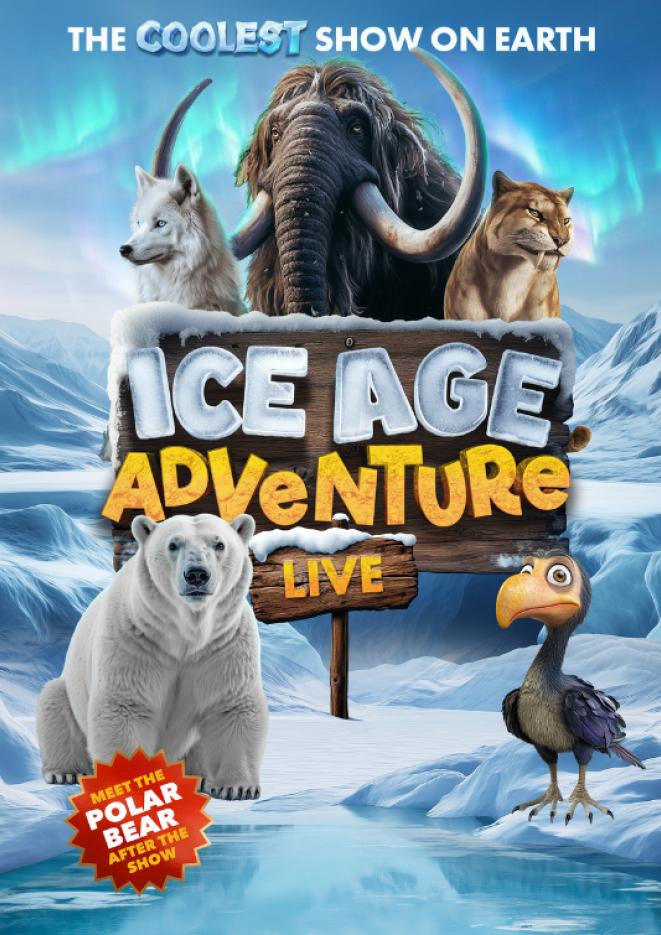 A cartoon bird, polar bear, walrus and wolf against an icy mountain background, with 'Ice Age Adventure Live' on a wooden sign in the middle.