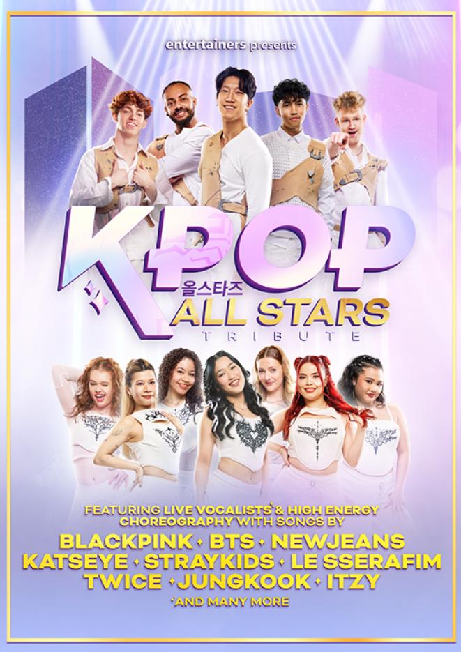 A purple background with photos of 12 performers wearing white outfits, purple text reads K-Pop All Stars Tribute.