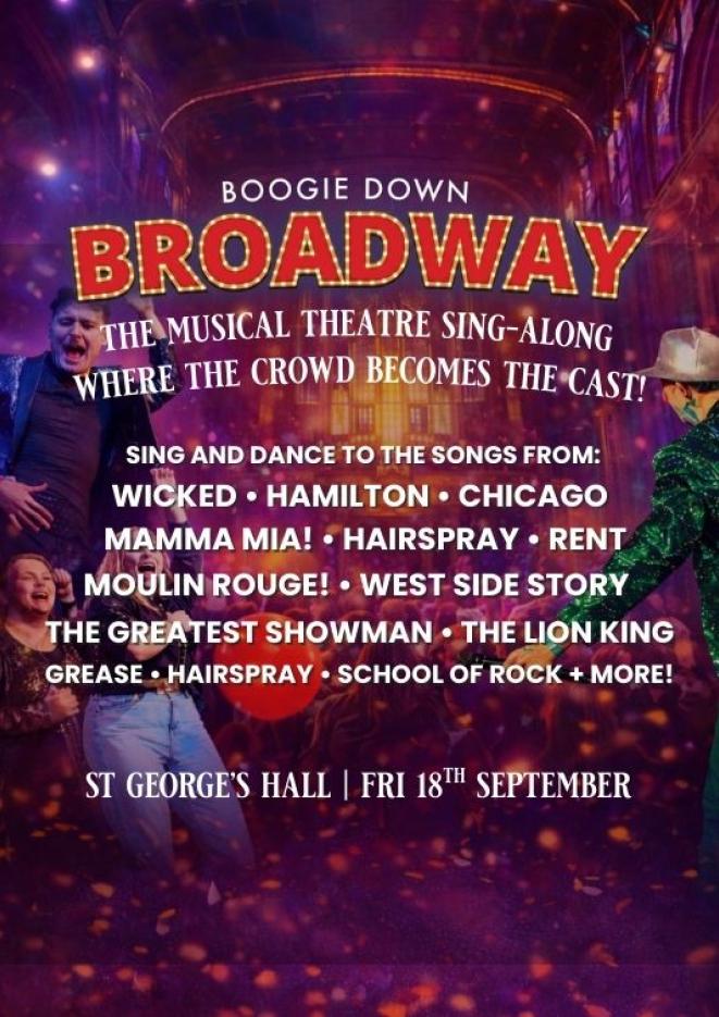 An image of people singing in a cathedral setting. White text over the top reads Boogie Down Broadway.
