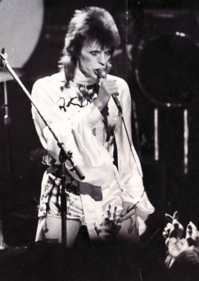 A black and white photograph of musician David Bowie performing on stage, holding a microphone.