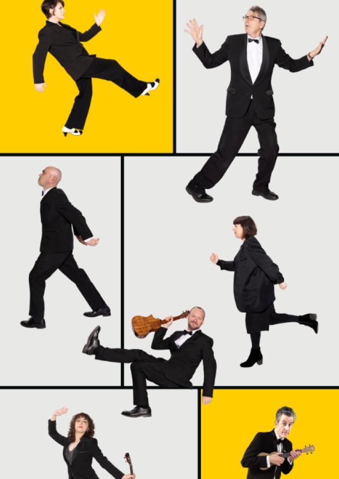 White and yellow colour blocks with musicians posing on top.