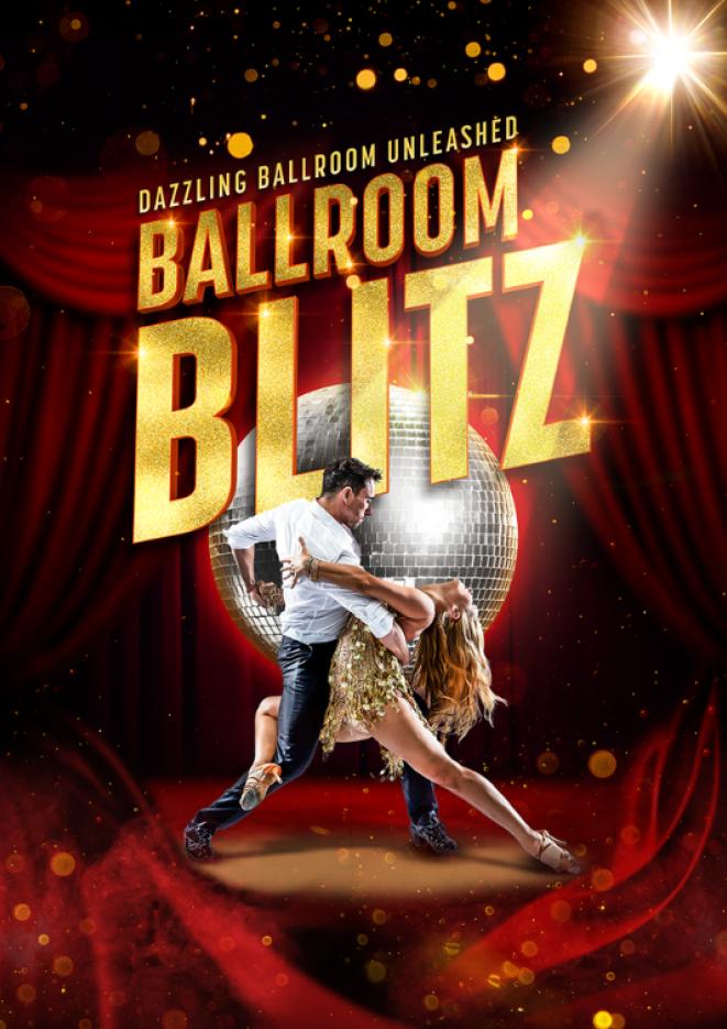 Two ballroom dancers in a dramatic dip pose in front of a disco ball, red curtains, and golden light effects.