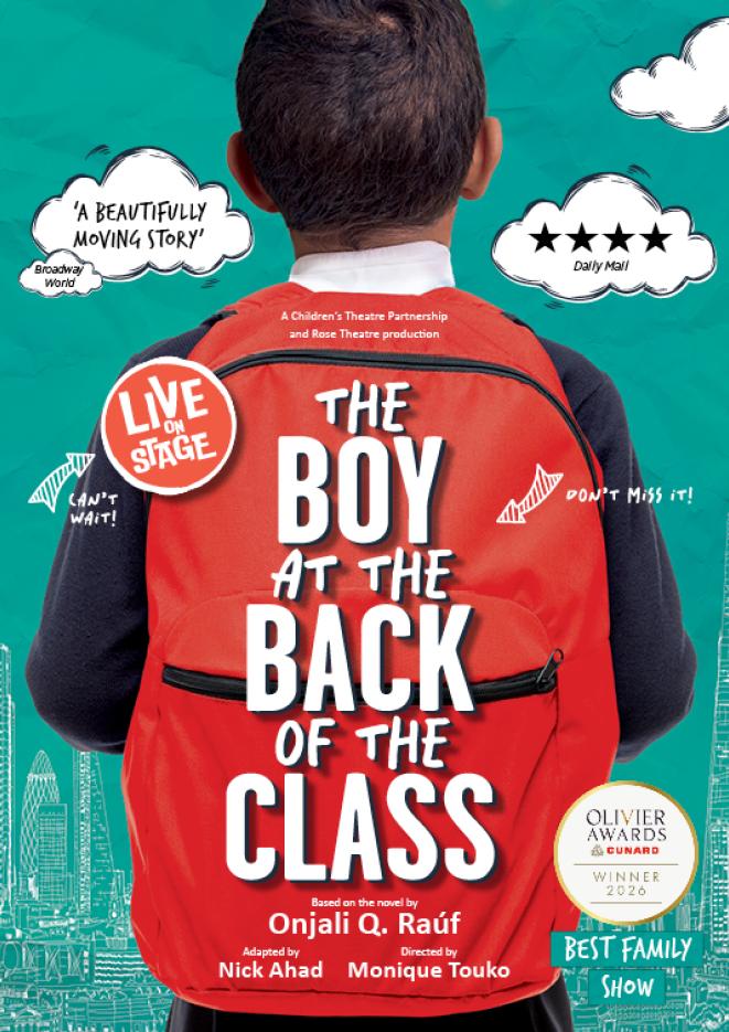 A boy facing a blue background, wearing a large red backpack with text over the top that reads The Boy at the Back of the Class.