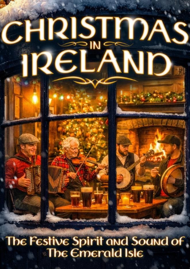 A warm orange glow through the window of a home, with people gathered playing instruments in front of a fire and a Christmas tree.