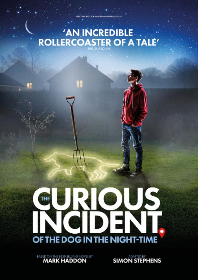 A man in a red jumper and blue jeans stands in a garden with a pitchfork on a drawing of a dog on the ground