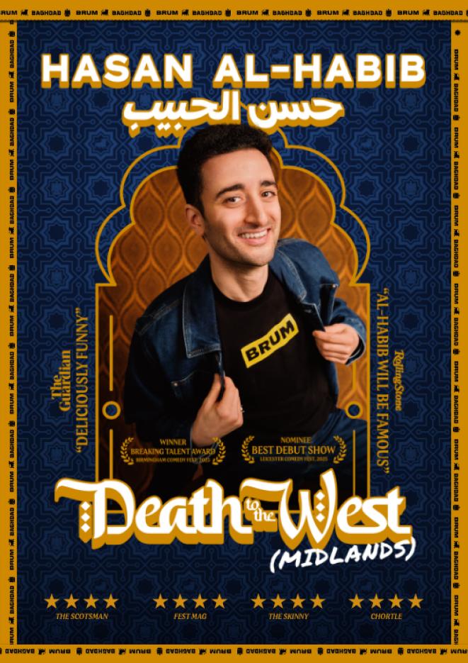 Comedian Hasan Al-Habib leans out of a frame, holding his shirt open to reveal a tshirt that reads Brum.
