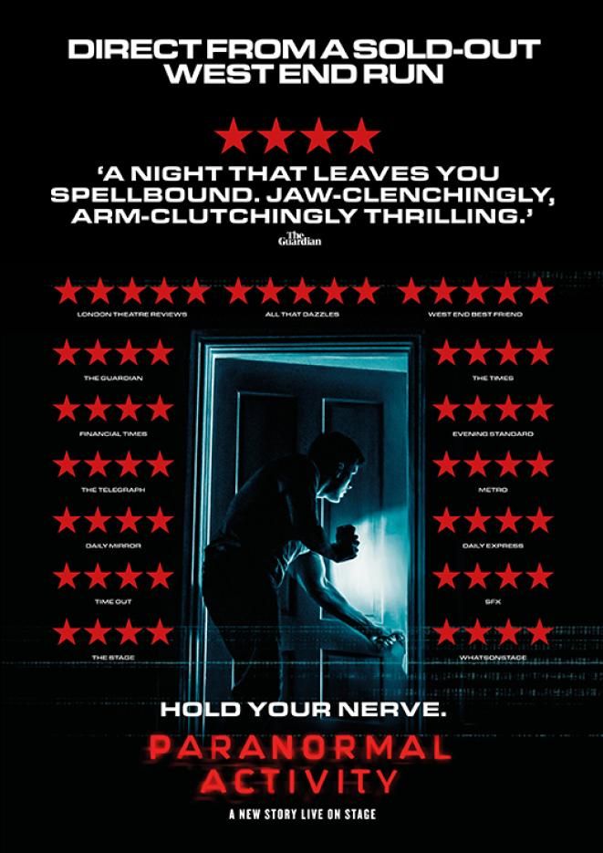 An image of a man opening a door slightly and shining a blue flashlight into a room. 5 and 4 star reviews fill the space around him.