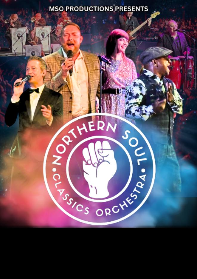 Multiple live singers and musicians on stage, with colourful concert lighting, and a central circular logo with a raised fist. Text at the top reads “MSO Productions Presents.”