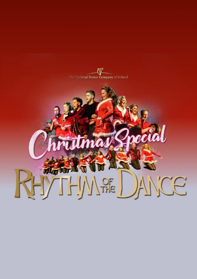 Dancers in red costumes pose in front of a red background