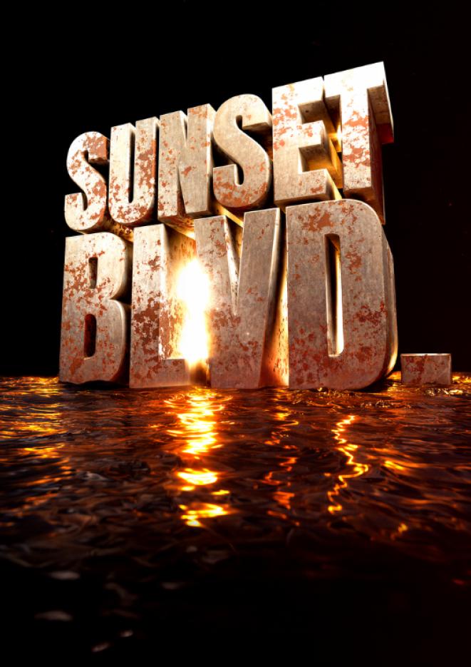 Rusted gold, bold text reads Sunset BLDV against a plain, black background.