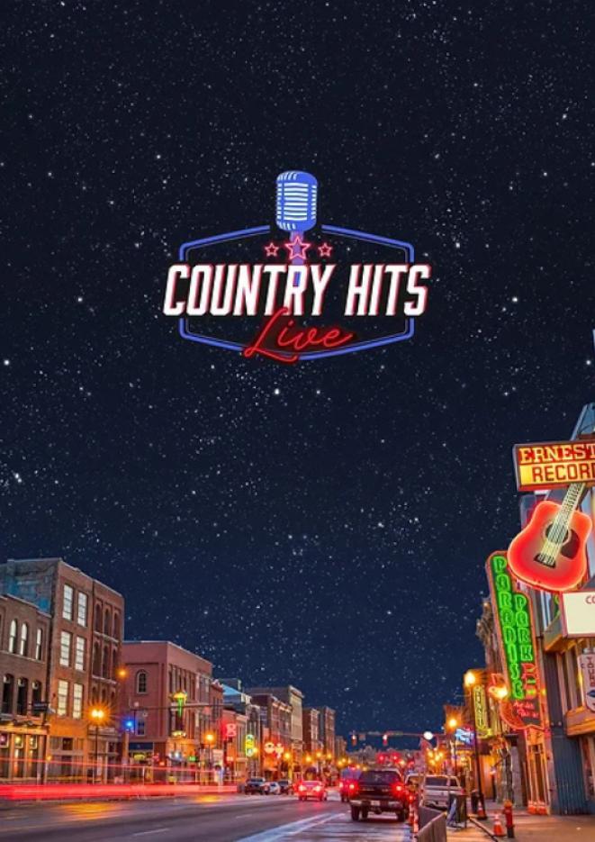 Graphic of a busy street at nighttime, with a logo above that reads Country Hits Live.