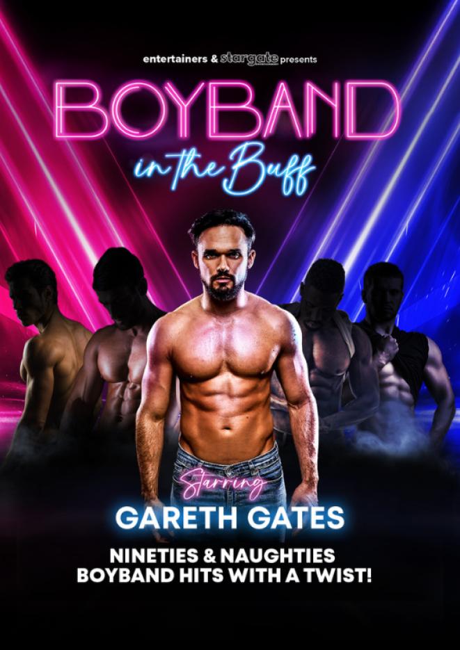 Gareth Gates stand in the centre of the image with four other men in the background in shadows, pink text above reads Boyband In The Buff