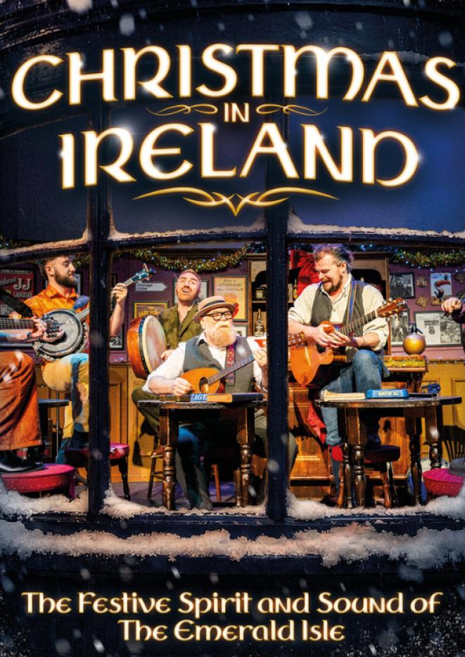 A group of musicians playing instruments inside a storefront window. Text over the top reads Christmas In Ireland.
