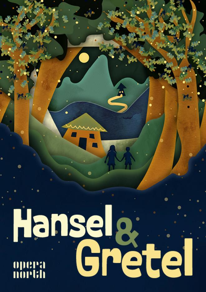 A graphic of two figures walking through the woods at night time towards a house. Text underneath reads Hansel and Gretel.