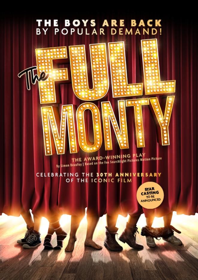 Five men stood behind a red curtain, with gold text over the top that reads The Full Monty.