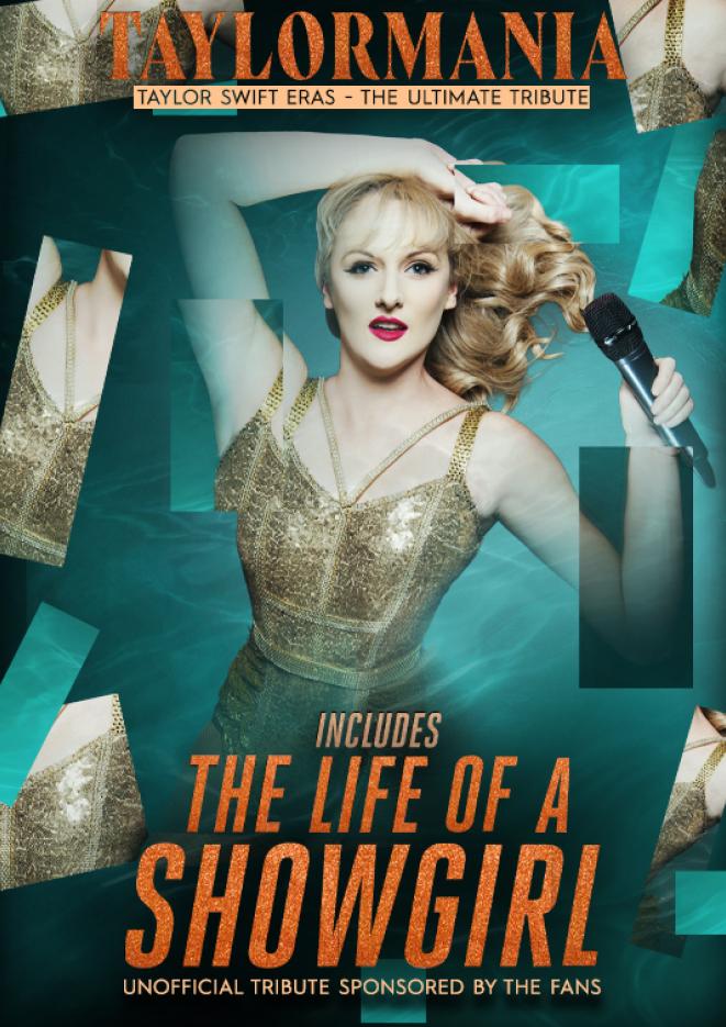 Katy Ellis in a gold sparkly costume lying in water, with 'Taylormania - The Life Of A Showgirl' in orange glittery text