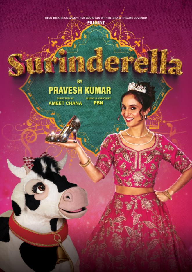 A woman in a pink outfit holds a high heel in her hand, with a puppet cow standing below. Text at the top of the image reads Surinderella.